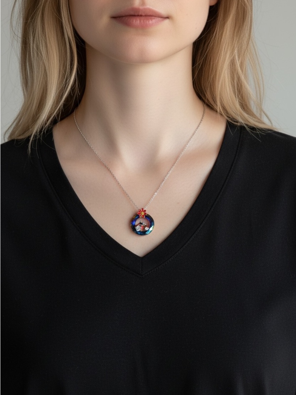 9/18 Silver Necklace with Blue Floral Glass Pendant - Women Jewelry